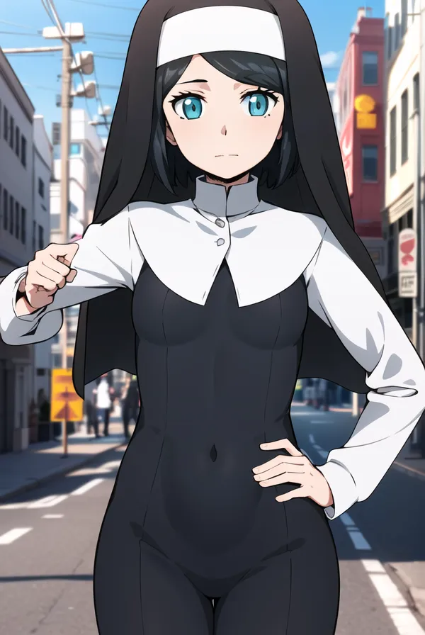 The image depicts a young woman dressed in a nun's habit. She has short blue hair and blue eyes. She is wearing a black and white habit with a white collar. She is standing in a city street with a confident expression on her face.