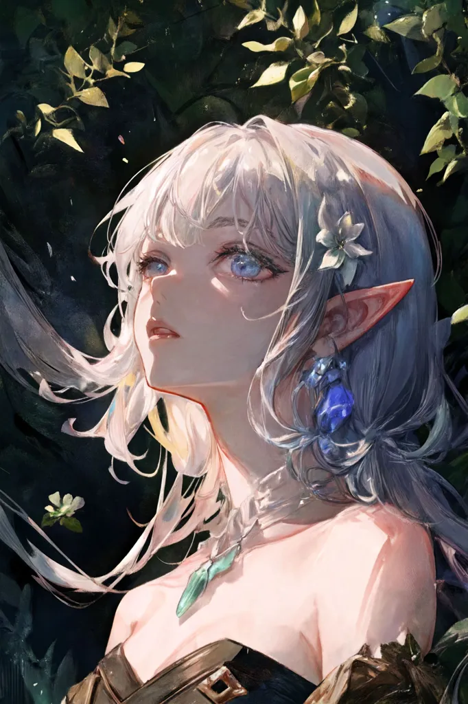 The image is of a beautiful elf woman with long white hair and blue eyes. She is wearing a white dress with a green sash and has a flower in her hair. She is standing in a forest and is looking up at something. The background is blurry, but it looks like there are trees and flowers in the distance. The elf woman is very detailed and looks like she is made of porcelain. Her skin is pale and flawless, and her eyes are bright and lifelike. The image is very beautiful and looks like it was created by a skilled artist.