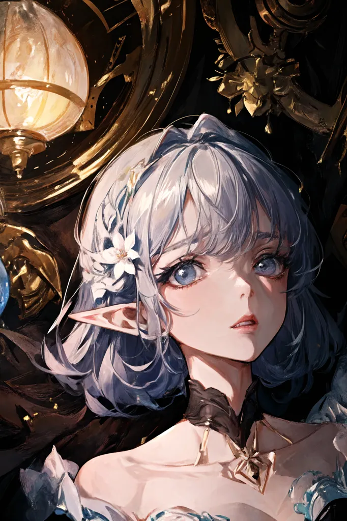 The image is a painting of a young woman with long, silver hair and blue eyes. She is wearing a white dress with a blue sash and has a flower in her hair. She is standing in front of a dark background with a golden clock behind her. The painting is done in a realistic style and the woman's expression is one of sadness.