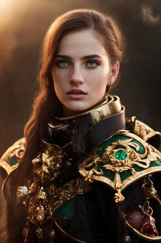 L'image montre une jeune femme aux longs cheveux bruns et aux yeux verts. Elle porte une armure vert foncé et dorée avec de nombreux détails complexes. Elle a une expression sérieuse sur le visage. Elle ressemble à une guerrière ou à un membre de la garde royale.