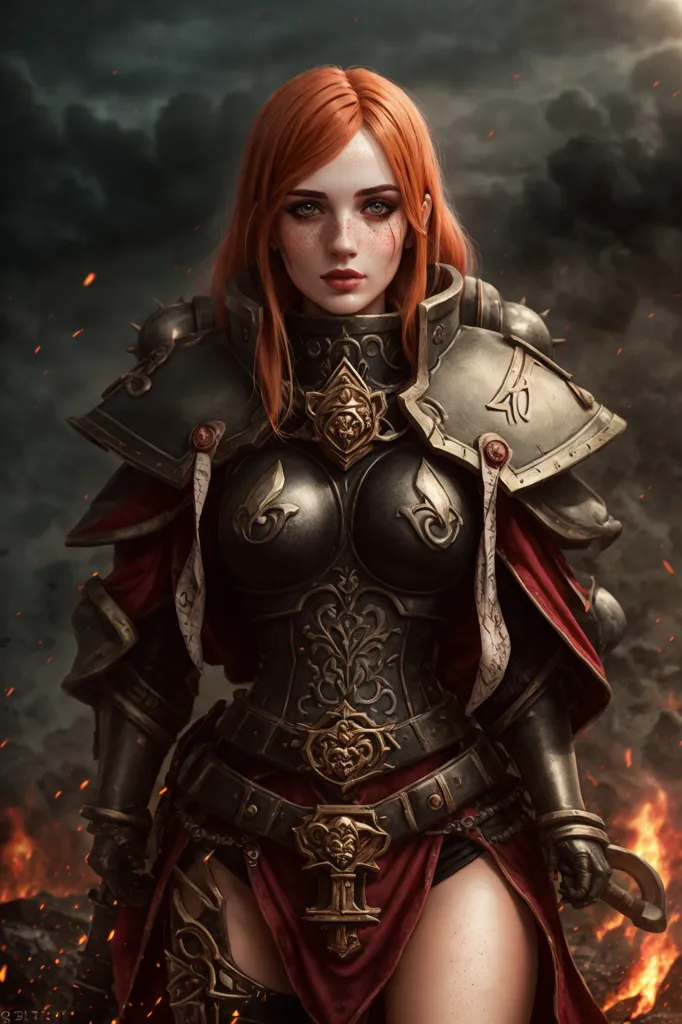 The image shows a woman in a suit of armor. The armor is black and gold, with red cloth. The woman has red hair and green eyes. She is standing in a confident pose, with her feet shoulder-width apart and her hands on her hips. Her face is serene, with a hint of defiance in her eyes. She is wearing a helmet with a visor that is open, revealing her face. The background is a dark, stormy sky with a hint of fire.