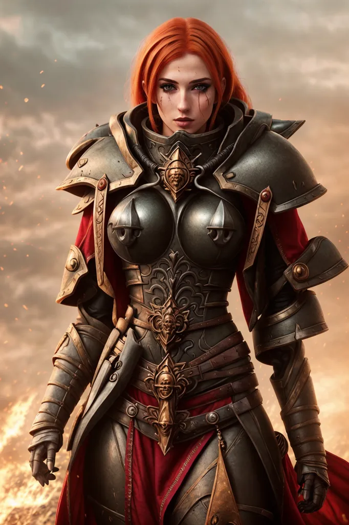 This image shows a woman in a suit of armor. The armor is dark grey with gold trim, and has a red cloth surcoat with a white cross on the front. The woman has red hair and blue eyes, and she is looking at the viewer with a determined expression. She is standing in a fiery, smoky background.