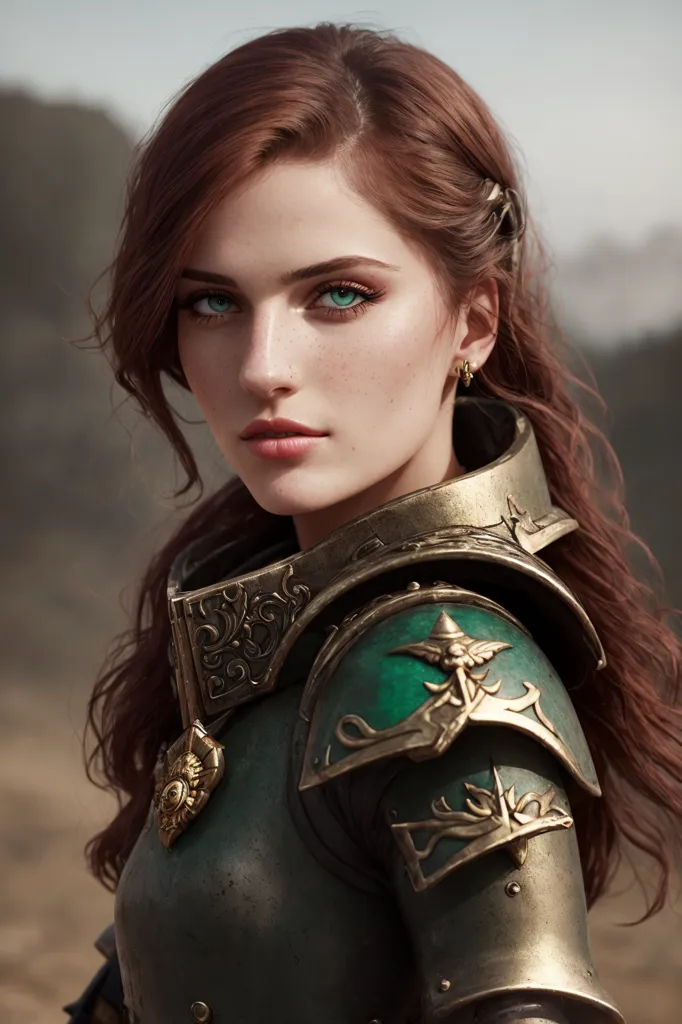 Esta es una imagen de una mujer joven con cabello rojo largo. Lleva una coraza verde y dorada y un hombreral dorado. La coraza tiene un sol dorado decorativo en ella. El hombreral tiene un diseño de hoja verde. Ella mira al espectador con una expresión seria. Tiene ojos verdes y maquillaje natural.