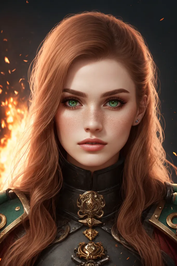 The image is a portrait of a beautiful young woman with long, wavy red hair and green eyes. She is wearing a suit of armor and has a determined expression on her face. The background is a dark, fiery orange.