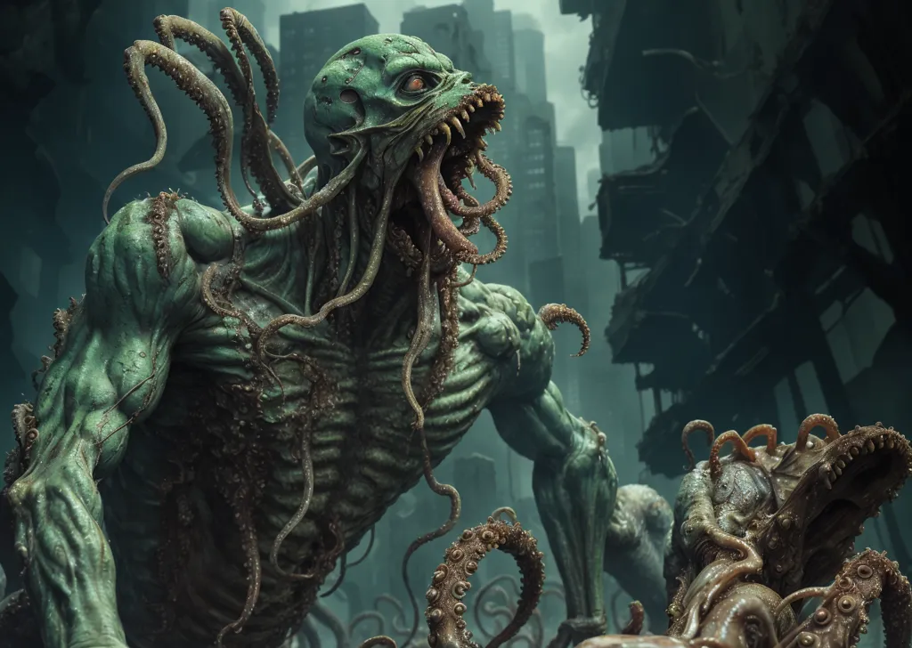 The image is a dark and detailed painting of a horrific monster. The creature is standing in a ruined city, surrounded by rubble and debris. It has a large, muscular body with green skin and several octopus-like tentacles protruding from its back and head. Its face is twisted and deformed, with a large mouth full of sharp teeth. The monster's eyes are glowing red, and it is surrounded by a dark aura.