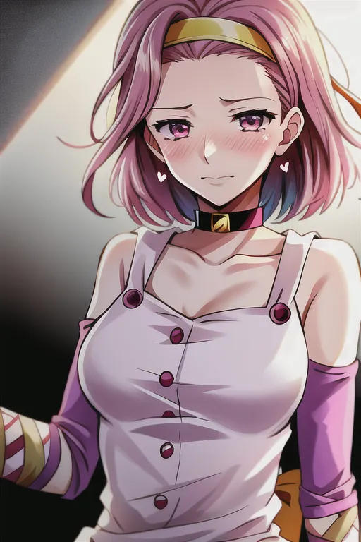 The image depicts a young woman with pink hair and purple eyes. She is wearing a white apron with pink buttons and a pink headband. She has a collar around her neck and there are two earrings in the shape of hearts on her ears. She is looking down with a sad expression on her face.