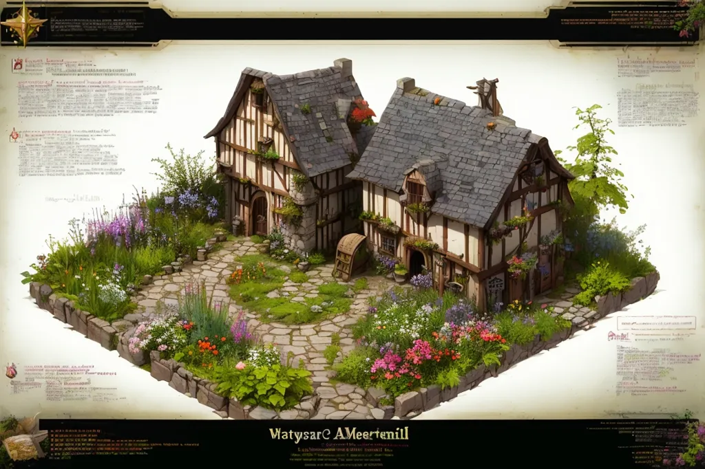 The image shows a top-down view of a house. The house is made of wood and has a thatched roof. There are flowers and plants growing around the house. There is a path leading up to the house. The house has a garden with a variety of flowers and plants, including roses, lilies, and tulips. There is also a tree in the garden. The house is surrounded by a fence. There is a small pond in the corner of the garden.