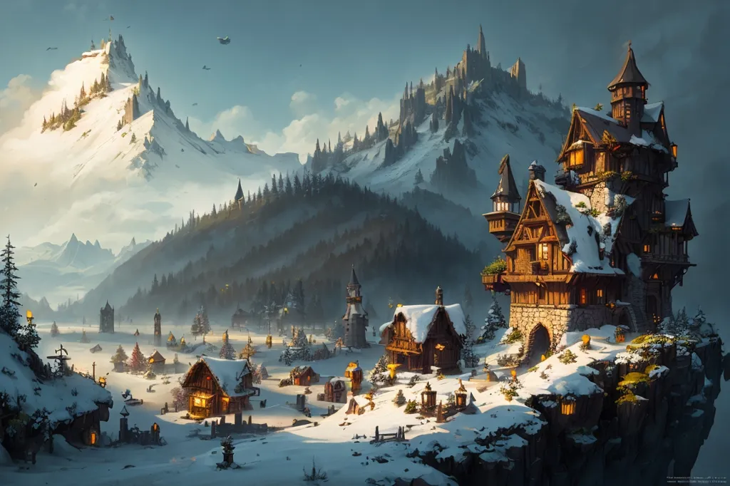 The image shows a snowy mountain village. The village is located in a valley between two tall, snow-capped mountains. The mountains are covered in snow and ice, and the trees are bare. The village is made up of small, wooden houses with snow on their roofs. There is a tower in the middle of the village. The villagers are dressed in warm clothes, and they are all wearing hats to keep their heads warm. There is a snow-covered path that leads through the village. The image is peaceful and serene, and it captures the beauty of a winter wonderland.