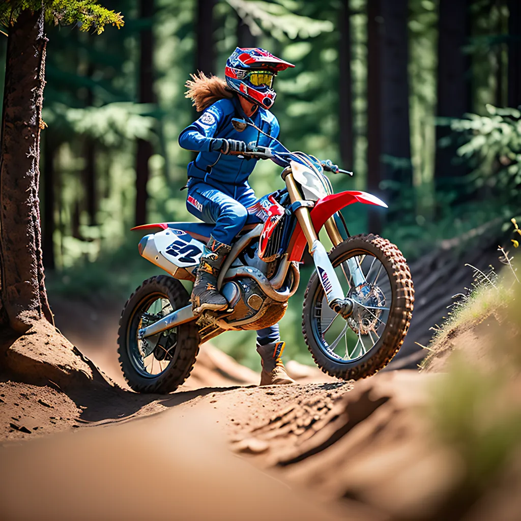 La imagen muestra a una mujer montando una moto de cross a través de un bosque. Lleva una camiseta azul y pantalones rojos. La moto es roja y blanca. La mujer lleva casco y gafas. Está circulando por un camino de tierra. Hay árboles a ambos lados del camino. La mujer está en el medio del camino. Está circulando a gran velocidad. La imagen está enfocada. Los colores son vibrantes. La imagen es clara.