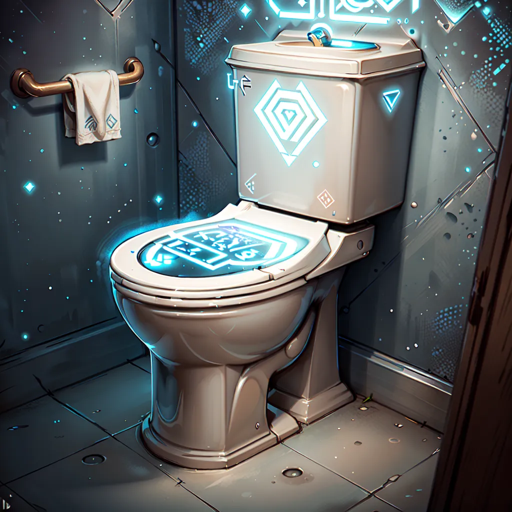 The image shows a futuristic toilet. It is made of white ceramic and has a blue glow around the bowl. There is a blue and white geometric pattern on the front of the toilet. The toilet is in a bathroom with gray walls and a gray floor. There is a towel rack on the wall behind the toilet.