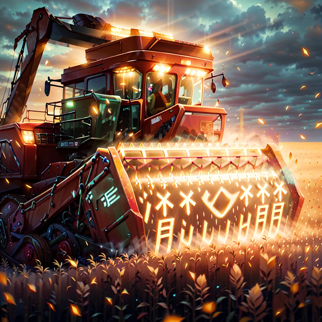 The image shows a combine harvester harvesting a field of wheat. The combine harvester is a large, self-propelled machine that cuts, threshes, and cleans the wheat in one operation. The wheat is then stored in a grain tank on the combine harvester. The combine harvester is moving through the field, and the wheat is being cut by the header. The header is a large, rotating drum that has sharp blades on it. The blades cut the wheat stalks off at the ground. The wheat stalks are then fed into the threshing unit. The threshing unit is a large, rotating drum that has teeth on it. The teeth beat the wheat stalks and separate the wheat kernels from the straw. The wheat kernels are then cleaned by the cleaning unit. The cleaning unit is a large, rotating fan that blows away the chaff and other debris. The wheat kernels are then stored in the grain tank.