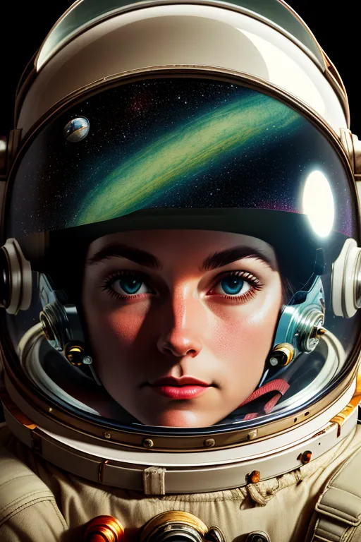 Esta é uma imagem de uma jovem menina em um traje espacial com o capacete colocado. O rosto está centralizado no quadro e ela está olhando para a câmera. O traje espacial é branco com detalhes dourados e tem um grande capacete com bolha. O capacete está refletindo uma nebulosa verde.