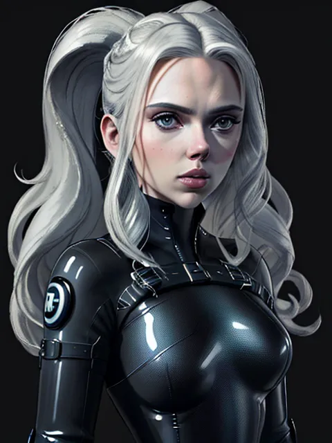 The image is a digital painting of a woman. She has long white hair, blue eyes, and a serious expression on her face. She is wearing a black leather bodysuit with a high collar and a large white emblem on her chest. The bodysuit is very tight and accentuates her curves. She is also wearing a pair of black boots. The background is a dark gray color.