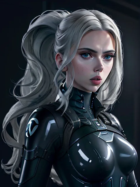 The image shows a woman with long white hair and blue eyes. She is wearing a black leather suit with a white symbol on the chest. The suit has a high collar and a zipper in the front. She is looking at the viewer with a serious expression. Her hair is pulled back in a ponytail and she has a small scar on her left cheek.