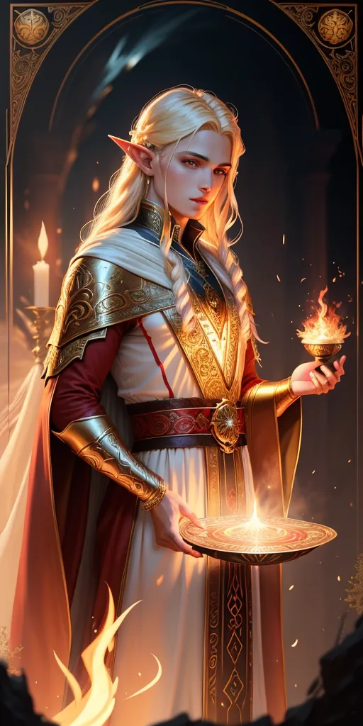 The image is of a beautiful elf with long blond hair and golden eyes. He is wearing a white and red robe with gold trim, and a golden belt with a red sash. He is also wearing golden boots and has a golden circlet on his head. He is holding a golden cup with a candle in it, and there is a flame coming out of the cup. He is standing in front of a dark background with a golden frame around him.