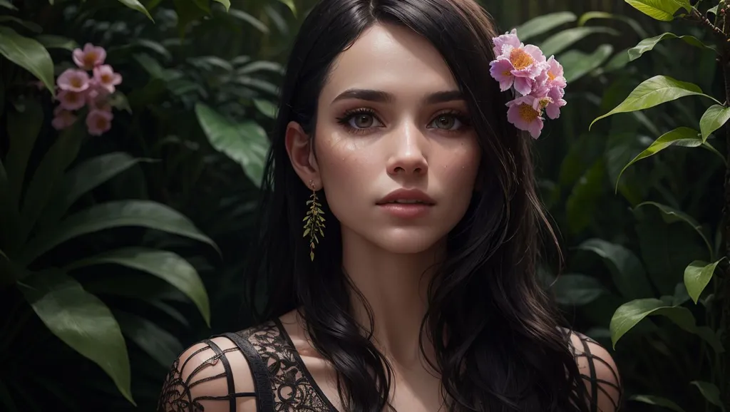 The image shows a young woman with long, dark hair. She has light skin and green eyes. She is wearing a black dress with lace sleeves. There are pink flowers in her hair and she is surrounded by green leaves. The background is blurred.