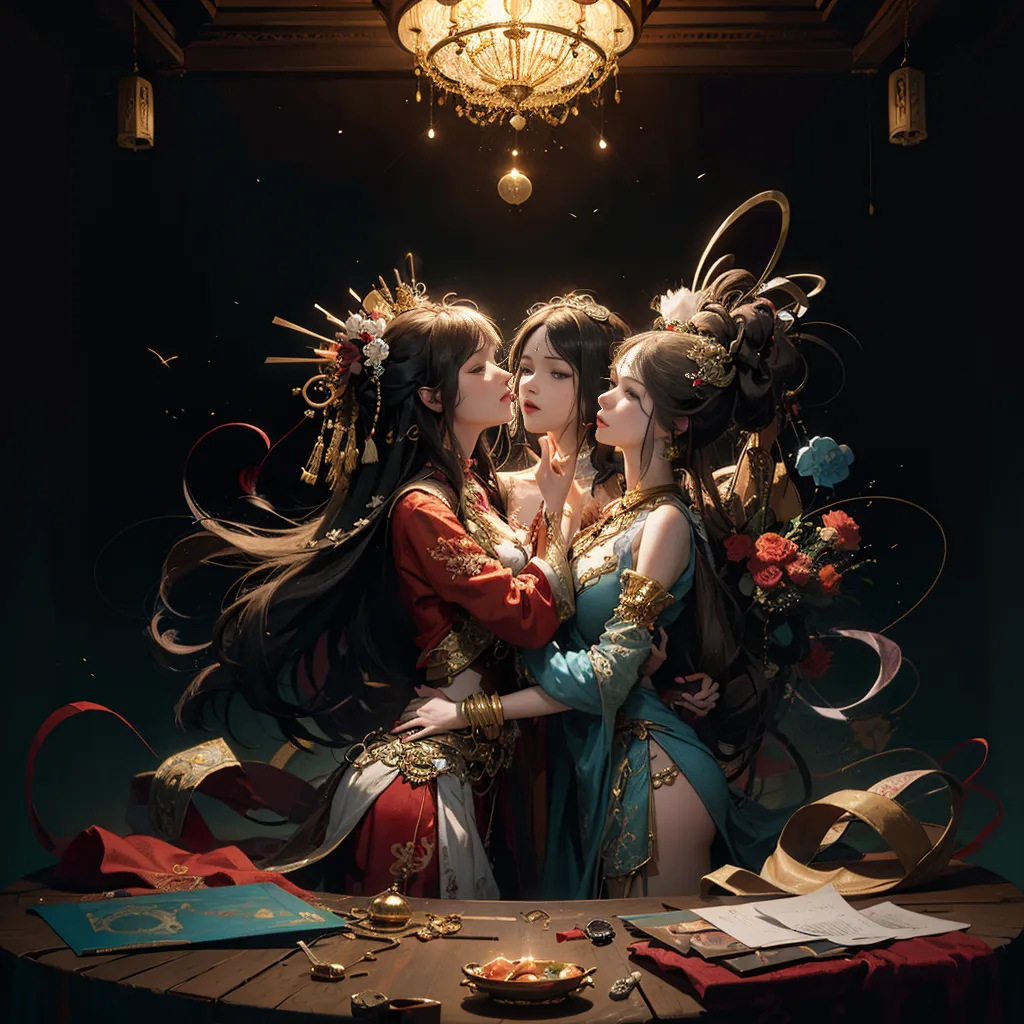 The image shows three beautiful women in ancient Chinese dress. They are standing in a room with a round table in front of them. On the table are some papers, a brush, and an inkstone. The women are all wearing elaborate hairstyles and jewelry. The woman in the middle is wearing a red dress and has her hair up in a bun. She is looking at the woman on the left, who is wearing a blue dress and has her hair down. The woman on the right is wearing a green dress and has her hair up in a bun. She is looking at the woman in the middle. The background of the image is a dark color with a few floating lanterns.