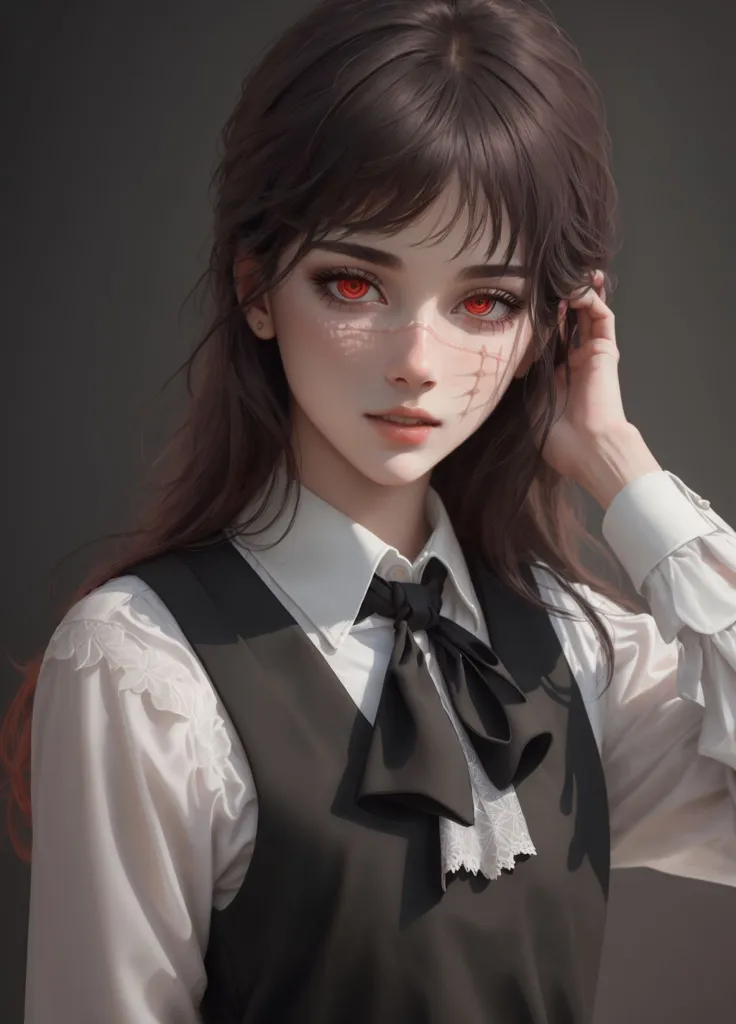 The image is a portrait of a young woman with long brown hair, red eyes, and pale skin. She is wearing a white blouse and a black vest. The blouse has a Peter Pan collar. The vest has a black bow at the neck. There is a white lace jabot at the neck. She is looking at the viewer with a serious expression.