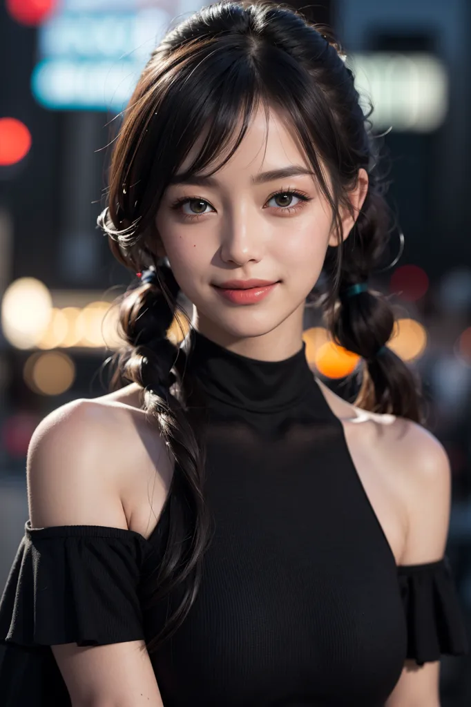 The image shows a young woman with long black hair, green eyes, and a light skin tone. She is wearing a black off-the-shoulder top. Her hair is styled with two French braids that are tied at the bottom with green hair ties. She is standing in front of a blurred background of city lights.