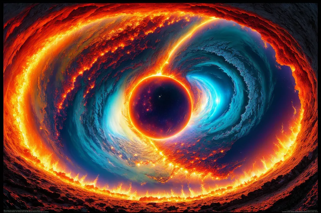 The image is of a planet on fire. The planet is surrounded by a ring of fire. The planet is blue and orange, and the fire is yellow and red. The planet is in the center of the image, and the fire is all around it. The fire is coming from the planet, and it is spreading outward. The planet is on fire, and it is about to explode. The image is very detailed, and you can see the flames of the fire and the smoke from the explosion. The image is also very colorful, and the colors of the fire and the planet are very vibrant. The image is very realistic, and it looks like a real photograph of a planet on fire.