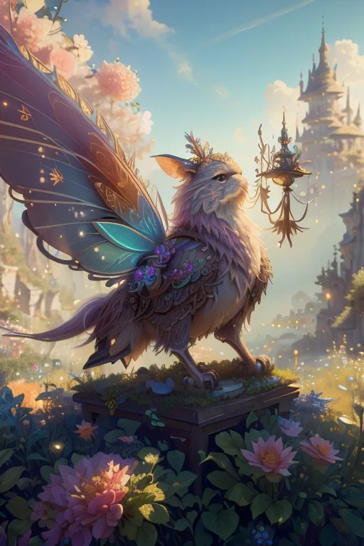 The image is a fantasy illustration of a gryphon, a mythical creature with the head and wings of an eagle and the body of a lion. The gryphon is standing on a pedestal in a lush garden, surrounded by flowers and plants. The background is a bright sky with a few clouds. The gryphon is depicted as a majestic and powerful creature, with its wings spread wide and its head held high. Its feathers are a light brown color, and its eyes are a deep blue. The garden is filled with a variety of flowers, including roses, lilies, and daisies. The flowers are all different colors, and they create a beautiful and vibrant scene. The background is a bright sky with a few clouds. The sky is a light blue color, and the clouds are white. The image is full of color and detail, and it is a beautiful example of fantasy art.