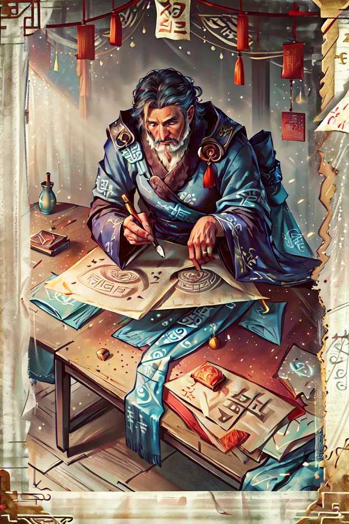 The image shows an Asian man in traditional clothing sitting at a desk and writing with a brush. He has long grey hair and a beard, and is wearing a blue robe with white and gold trim. The desk is covered in papers and writing supplies, including an inkstone, a brush rest, and several brushes. There is also a small incense burner on the desk. The man is surrounded by bookshelves and scrolls, and there is a large painting of a mountain landscape on the wall behind him.