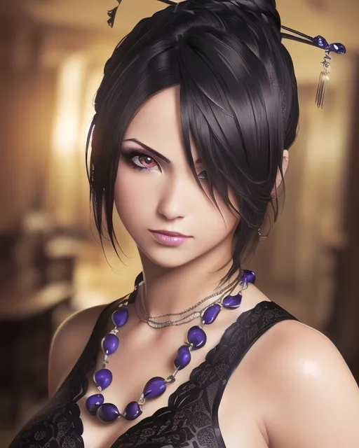 The image shows a young woman with long black hair and purple eyes. She is wearing a black dress with a plunging neckline and a silver necklace with a purple pendant. Her hair is pulled back in a bun and she is wearing a pair of silver earrings. She has a serious expression on her face and is looking at the viewer with her head tilted slightly to the right.