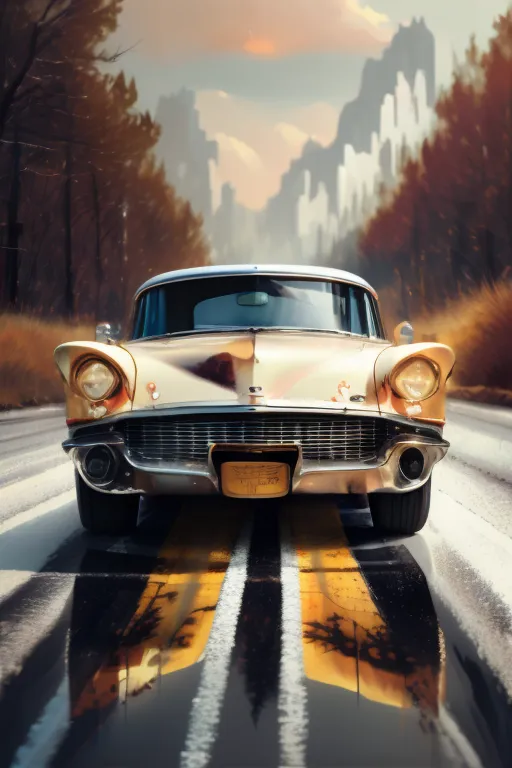 The image shows a classic 1950s car driving on a wet road. The car is light brown and has a white stripe down the side. The road is surrounded by trees and mountains. The sky is cloudy and there is a light rain falling. The car is moving at a moderate speed. The image is in focus and the colors are vibrant.