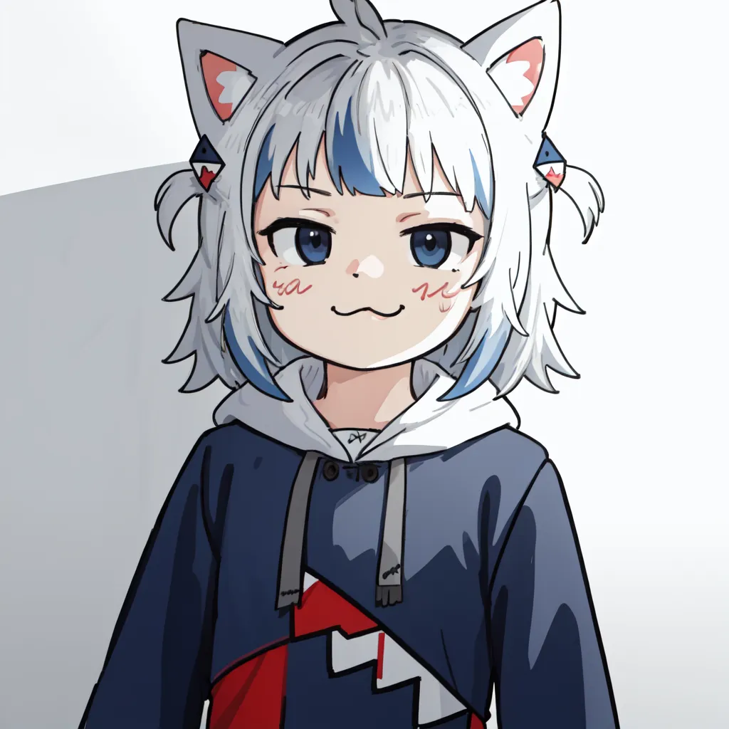 Gambar ini menampilkan seorang gadis bergaya anime dengan rambut putih dan biru, telinga kucing, dan mata biru. Dia mengenakan hoodie biru dan merah dengan desain gigi hiu putih di bagian depan. Dia memiliki senyum kecil di wajahnya dan menatap ke arah penonton. Latar belakangnya adalah putih dengan bayangan abu-abu muda di belakang kepalanya.