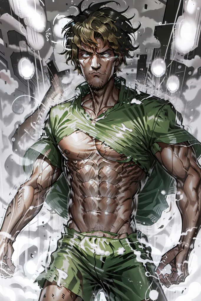 A imagem é de um homem musculoso com cabelo verde e shorts verdes. Ele está usando uma camisa rasgada e está em posição de luta. Ele tem um olhar determinado no rosto e está cercado por um fundo branco com detritos cinzentos.