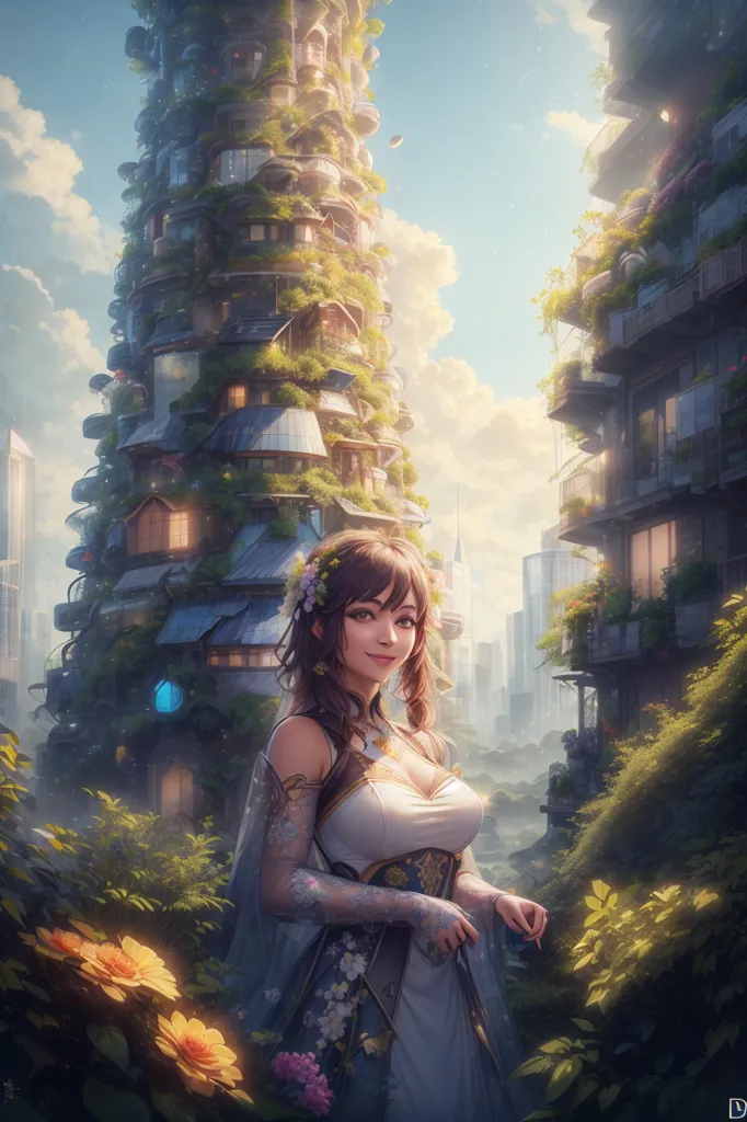 The image is a digital painting of a girl standing in a lush, green city. The girl is wearing a white dress with a blue sash and has long, brown hair. She is standing in front of a tall, green building that is covered in plants. There are flowers and plants growing all around her. The sky is blue and there are clouds in the distance. The image is very detailed and the colors are vibrant.