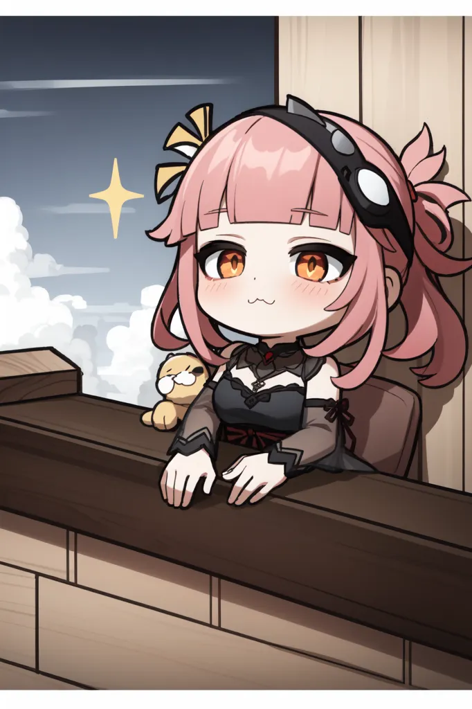 The image shows a chibi version of the character Seele from the video game Honkai Impact 3rd. She is leaning on a railing and looking out at the sky. She has a small smile on her face and her eyes are closed. She is wearing her black and red outfit with a yellow headband. She has a small brown teddy bear next to her. The background is a sky with clouds and a single star.