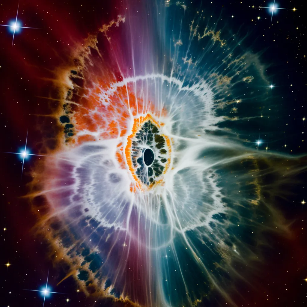 This is a Hubble Space Telescope image of the Eye of God Nebula. It is a planetary nebula, which is an expanding cloud of gas produced by a star in the last stages of its life. The nebula is located in the constellation of Aquarius and is about 3,000 light-years from Earth. The bright center of the nebula is the star that is shedding its outer layers of gas. The gas is expanding at a speed of about 10 kilometers per second. The Eye of God Nebula is one of the most popular images taken by the Hubble Space Telescope.