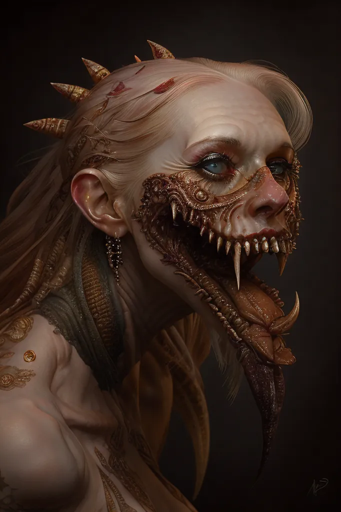 The image is a portrait of a woman who appears to be in her early 20s. She has long, flowing blonde hair and pale skin. Her eyes are a deep blue color, and her lips are slightly parted. She is wearing a necklace made of gold and has a few earrings in her left ear.

The woman's face is covered in intricate tattoos and piercings. Her right eye is tattooed with a design that resembles a snake, and her left cheek is tattooed with a floral design. She has a piercing in her nose, and her lower lip is pierced with a large metal ring.

The woman's expression is one of defiance and determination. She is staring directly at the viewer, and her eyes are full of fire. She is clearly not afraid of anything, and she is ready to face whatever challenges come her way.

The image is set against a dark background, which makes the woman's face stand out even more. The dark background also adds to the sense of mystery and danger.

Overall, the image is a powerful and striking portrait of a woman who is not afraid to be herself. She is a woman who is strong, independent, and determined. She is a woman who is not afraid to face the world head-on.