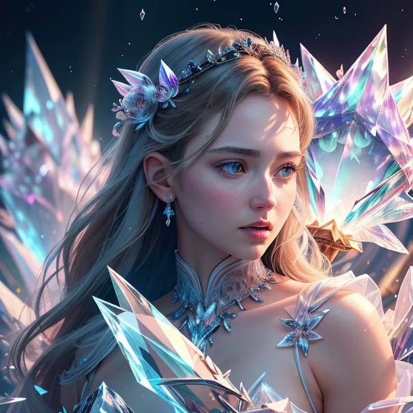 This image shows a beautiful woman with long blonde hair and blue eyes. She is wearing a dress made of ice and crystals, with a crown of ice and flowers on her head. Her skin is pale and flawless, and her lips are a soft pink. She is standing in front of a dark background, with a look of wonder and awe on her face.