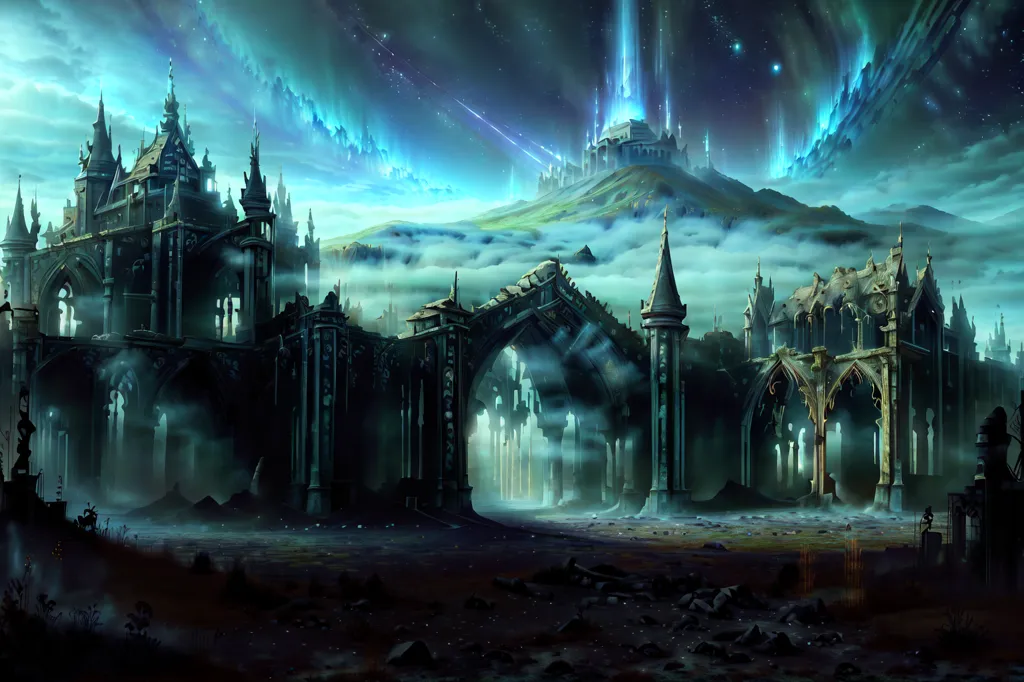 The image is a dark fantasy landscape. There is a ruined castle in the foreground, with a large, magical castle in the distance. There are mountains in the background, and a starry sky above. The ruins are overgrown with plants. There is a blue light coming from the sky.