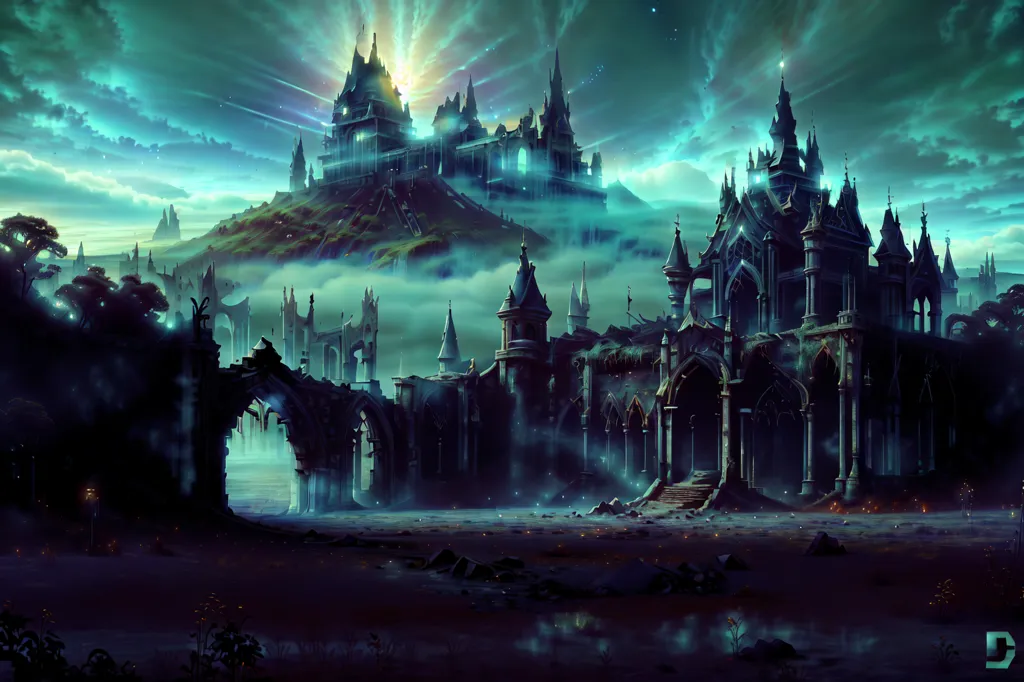 The image is a dark fantasy landscape. There is a ruined castle on a hill in the middle of a valley. The castle is surrounded by dark clouds and mist. There are two large trees on either side of the castle. The ground is covered in rubble and debris. There is a river running through the valley. The sky is dark and there are stars and a green moon in the sky.