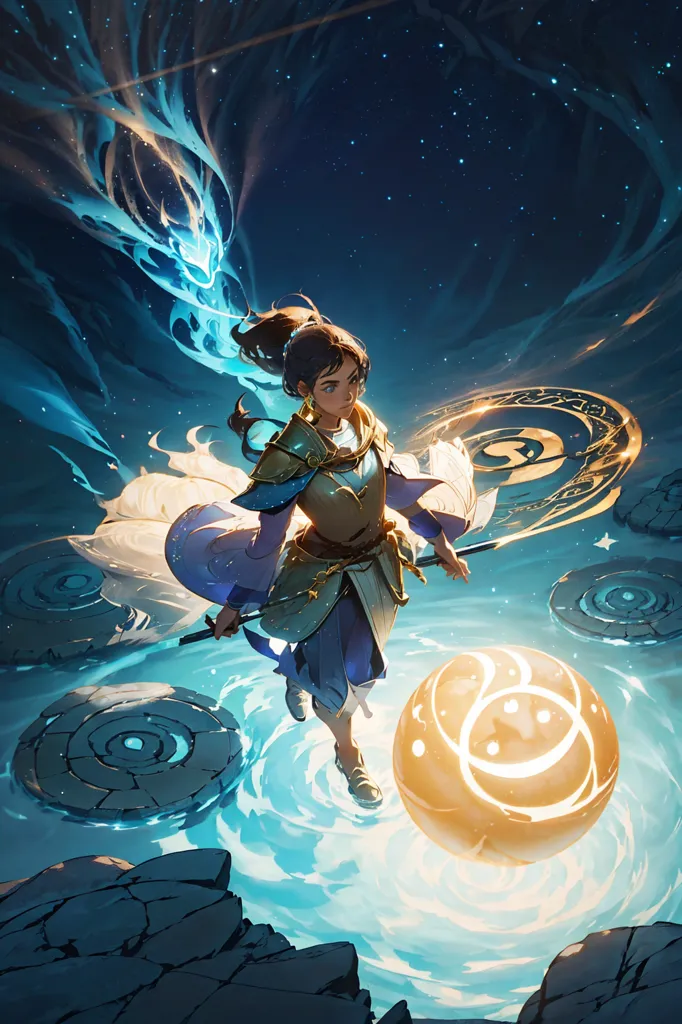 This is an image of a young woman standing on a stone platform in the middle of a body of water. The water is glowing blue and there are several other stone platforms scattered around. The woman is wearing a blue and gold outfit and she is holding a staff in her right hand. She has long brown hair and blue eyes and she is looking at the viewer with a determined expression. There is a large, glowing, yellow sphere floating in front of her.