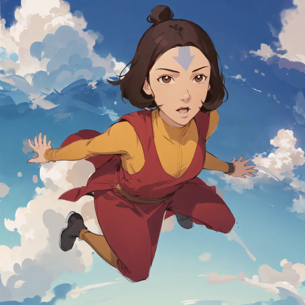 The image shows a young woman with brown hair and brown eyes. She is wearing a red and yellow outfit and is flying through the air. She has her arms outstretched and is looking down. There are clouds in the background and she is surrounded by a blue sky.