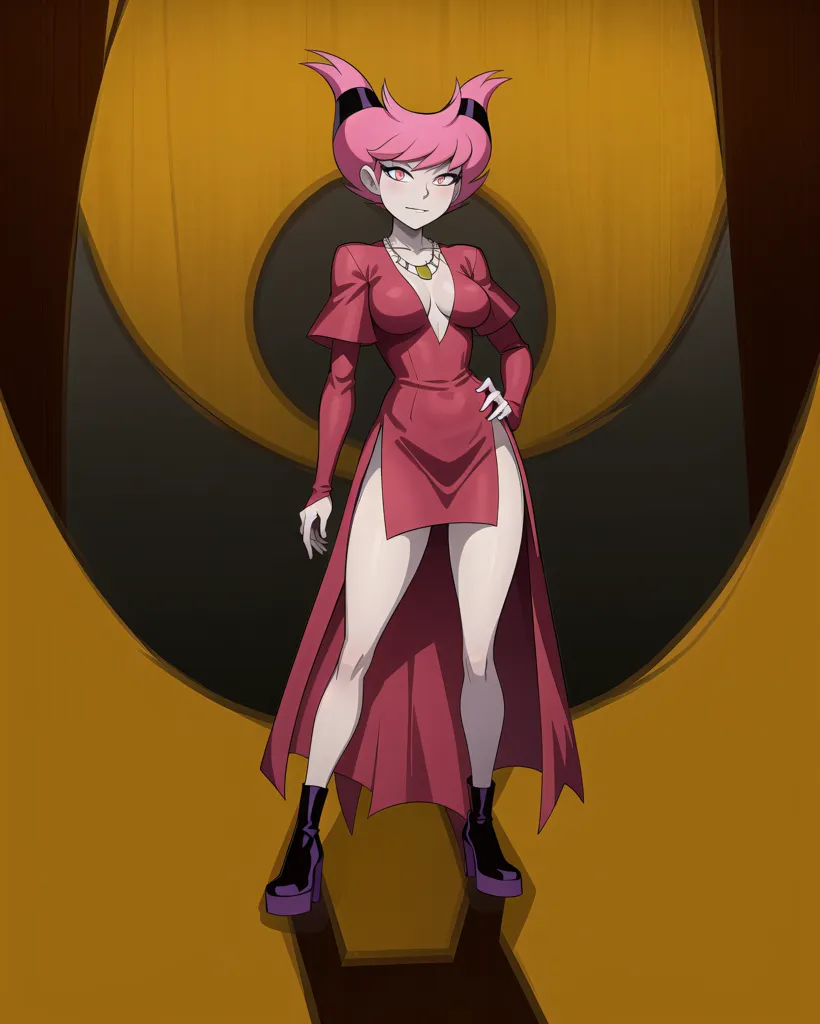 The picture shows a young woman with pink hair and purple eyes. She is wearing a red dress with a high slit, black boots, and a necklace with a purple gem. She is standing in front of a yellow background with a large eye symbol in the center.