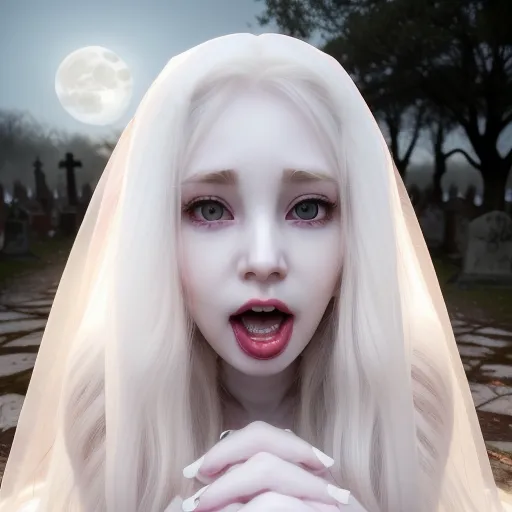 The image is a photo of a ghost bride. She is wearing a white dress and a white veil. Her hair is long and white. Her skin is pale. Her eyes are green. Her lips are red. She is standing in a graveyard. There is a full moon in the background.