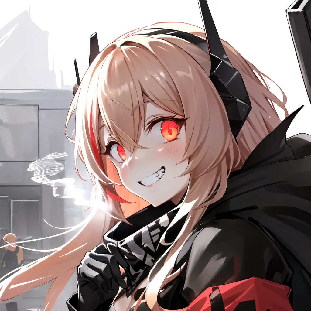 The image is of a young woman with long blonde hair and red eyes. She is wearing a black and red military-style outfit. She has a confident smile on her face and is looking at the viewer. There is smoke coming from her mouth. In the background, there is a city with tall buildings.