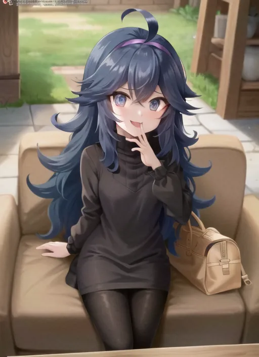 The image shows a young woman with long blue hair and blue eyes. She is wearing a black turtleneck dress and black leggings. She is sitting on a couch and has a brown bag next to her. She has a finger to her lips and is looking at the viewer with a coy expression.