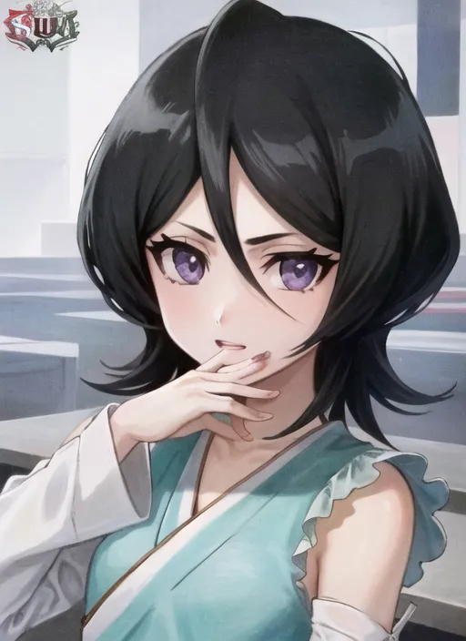 The image shows a young woman with black hair and purple eyes. She is wearing a white and blue kimono-style outfit. She has her hand on her chin and is looking at the viewer with a curious expression. The background is blurred and light colored.