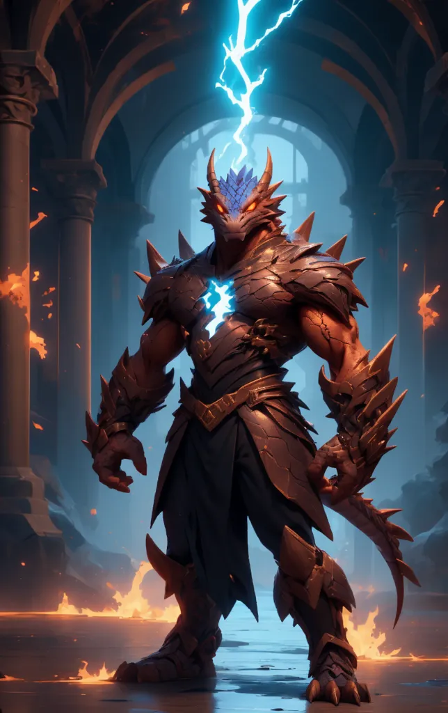 A muscular figure with the head of a dragon is standing in a dark place. Its scales are a deep blue color, and its eyes are a bright yellow. It is wearing armor that covers its chest and arms. The figure is holding a sword in its right hand, and a shield in its left hand. There is a blue lightning bolt striking the figure's head.