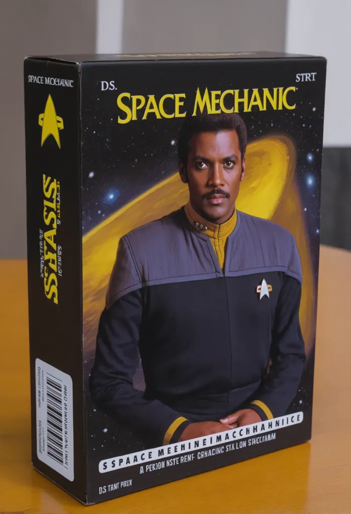 The image is a box of a Space Mechanic action figure. The box is black with yellow and red stripes. The front of the box has a picture of the character, who is a black man with a beard and a yellow uniform. The box also has the character's name, "DS. Space Mechanic", and the Star Trek logo on it.