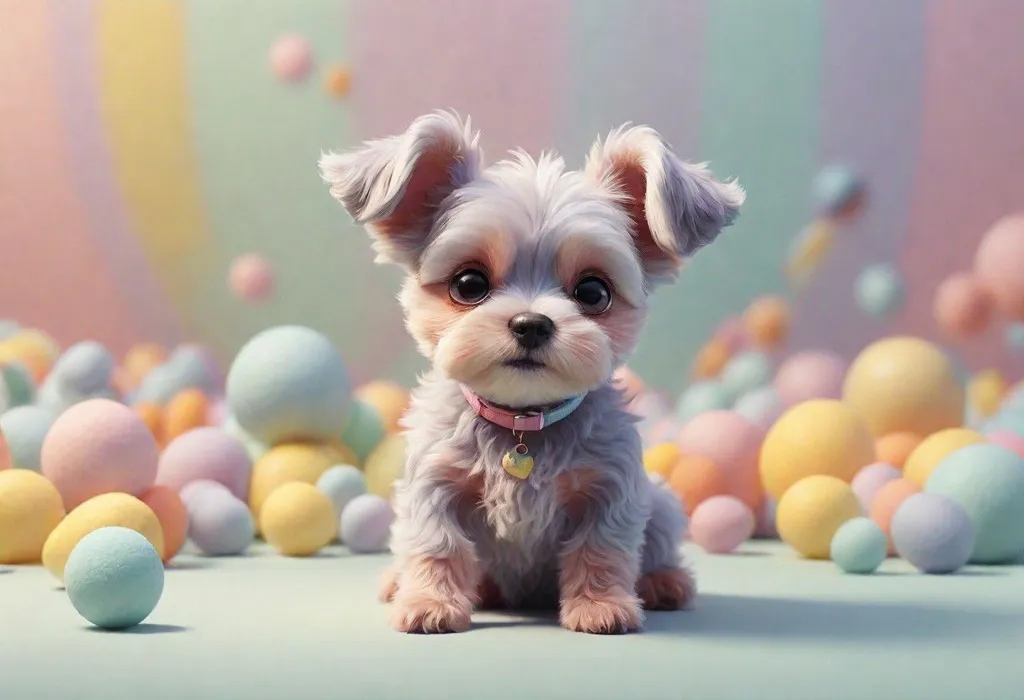 The image shows a cute puppy with light fur and big brown eyes. It is sitting in a pile of pastel-colored balls. The puppy is wearing a pink collar with a heart-shaped tag. The background is a soft, gradient color. The puppy is looking at the camera with a curious expression.