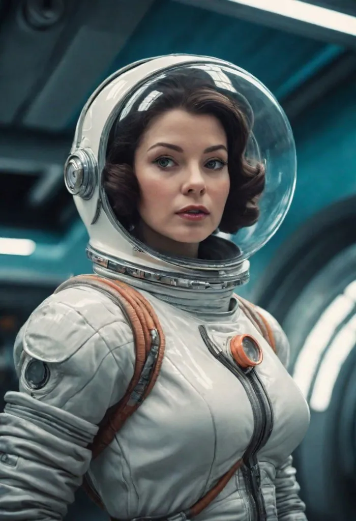 The image shows a young woman in a spacesuit with a clear helmet. She is looking at the camera with a serious expression. The spacesuit is white with brown and orange details. She has short brown hair.