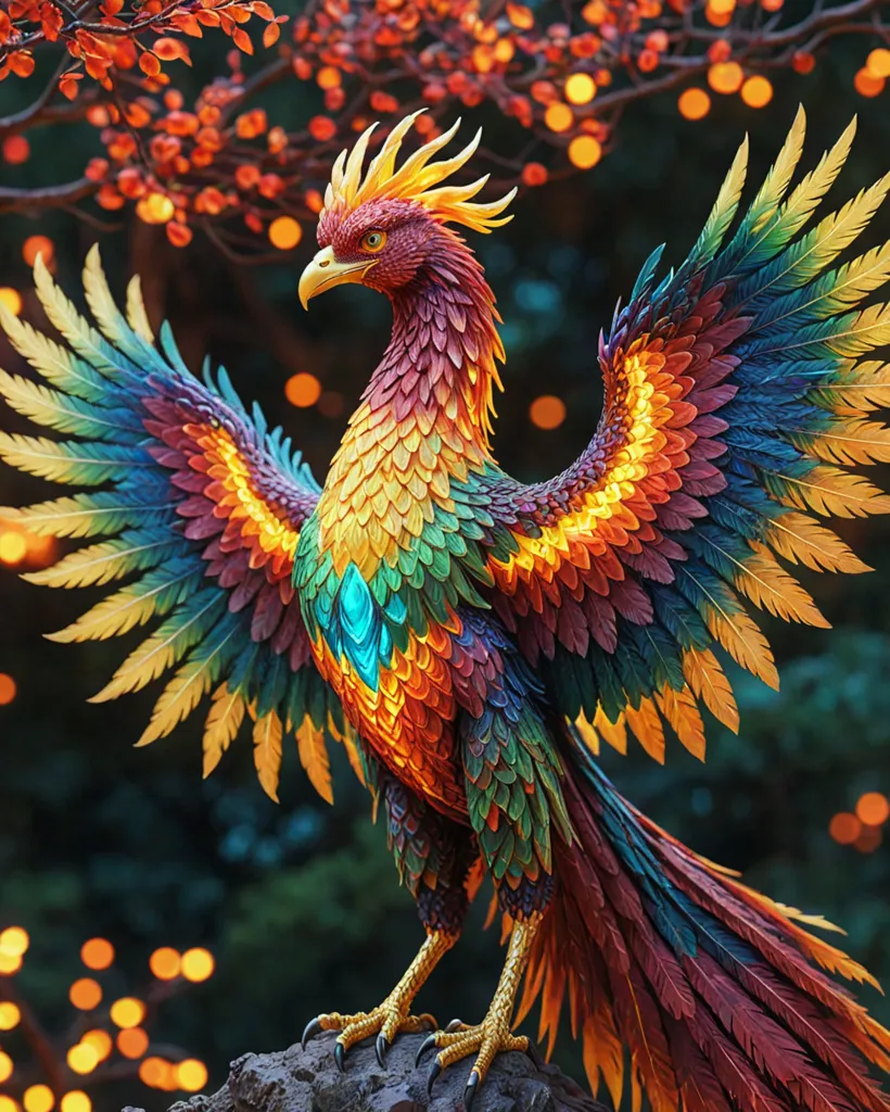 The image shows a majestic phoenix standing on a rock in front of a blurry background of red leaves and out of focus lights. The phoenix is facing the viewer with its wings spread wide. The feathers of the wings are a rainbow of colors, including red, orange, yellow, green, blue, and purple. The body of the phoenix is a deep red color, and its head is adorned with a golden crest. The phoenix's eyes are a deep blue color, and its beak is a bright yellow. The image is both beautiful and awe-inspiring, and it captures the mythical creature's beauty and power.