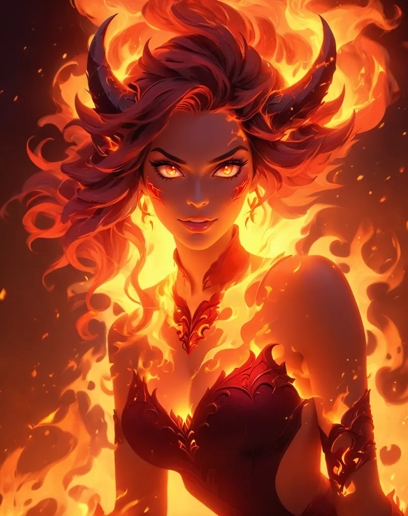 This is a picture of a woman with red hair and horns. She is wearing a red dress and has fire around her. The background is also red. She has yellow eyes and is looking at the viewer.